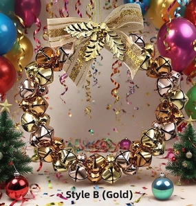 Christmas wreath with metallic bells and golden bow for festive holiday home decoration