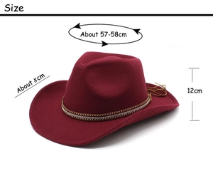 Detailed view of burgundy felt cowboy hat with size specs: 57-58cm brim 8cm height 12cm