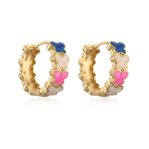 18K gold plated hoop earrings with colorful enamel butterfly charms on white background