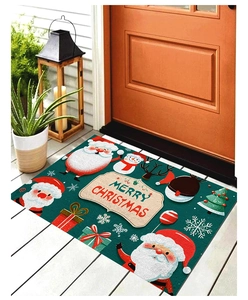 Festive Christmas doormat with Santa and snowman patterns on a rustic wooden porch