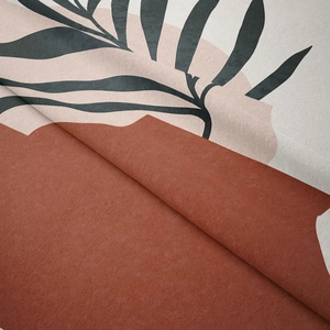 Detailed macro view of bohemian tapestry fabric with abstract leaf pattern in terracotta