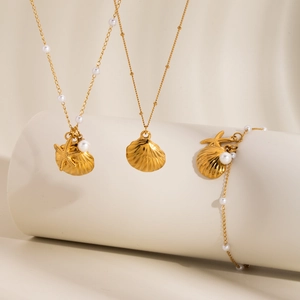 Stainless Steel Jewelry Necklace Bracelet Earrings Shell Starfish Faux Artificial Pearl Gold Plated Marine Style For Women