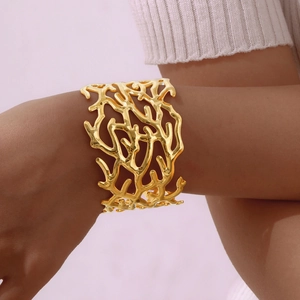 Statement golden multi-layer open cuff bracelet with coral hollow texture for women