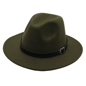 Detail of dark green wool fedora hat with black leather strap and silver metal buckle
