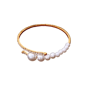 Elegant Chinese style open bracelet with white pearls and sparkling diamond accents