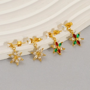 Boucles d'oreilles fleur en acier titane avec zircons et placage en or brillant