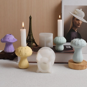 Macro detail of mushroom silicone mold with colorful 3D textured plaster candle holders