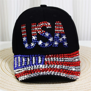 Close-up of denim baseball cap with sparkling USA rhinestone pattern and star details