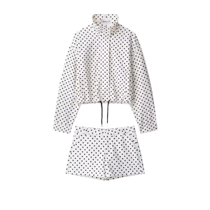Giacca A Pois A Maniche Lunghe Con Collo Alto E Pantaloncini Casual Da Donna Tessuto In Poliestere Intrecciato Orlo Con Coulisse Retro Chic