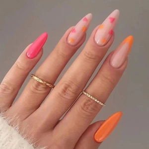 Appuyez Sur Les Ongles Amande Longue Orange Rose Design De Cœur French Tip Plastique ABS Manucure Faux Ongles Femmes