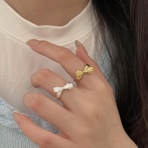 925 Sterling Silver Bow Ribbon Ring Wrinkled Texture Adjustable Open Design Minimalist Korean Style Jewelry For Women