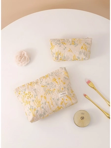 Trousse De Maquillage Broderie Florale Coton Lin Pochette Cosmétique Esthétique Organisateur De Toilette Pour Femmes