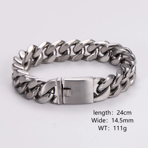 Close-up of silver Cuban link bracelet with 14.5mm width and 24cm length details