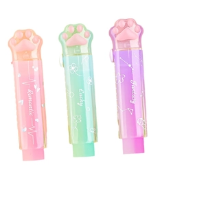 Three gradient cat paw retractable erasers in pink green and purple on white background