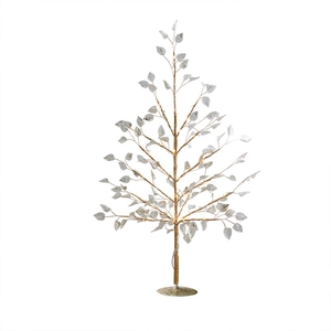 Golden Christmas tree light with white patterned leaves and warm LED glow on white background