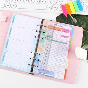 Macro detail of A6 budget binder with 6-ring refill sheets and a plastic ruler bookmark