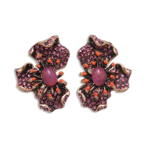 Vintage floral drop earrings with pink rhinestones and antique bronze finish details