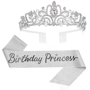 Detail of silver Birthday Princess sash and sparkling rhinestone tiara with combs