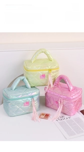 Quilted glossy makeup bag set in mint green, yellow, and bright pink colors