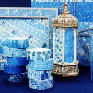 Winter blue washi tape set featuring snowflakes and forest patterns for DIY decoration