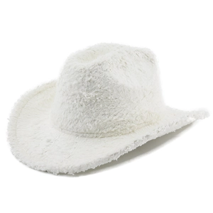 Detail showing the plush white faux rabbit fur texture and wide brim of the cowboy hat
