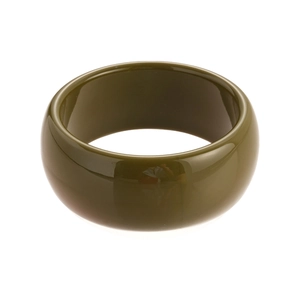 Minimalist deep olive green wide acrylic bangle with a polished geometric round finish