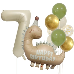 Detail of dinosaur balloon set with number 7, avocado green and gold latex balloons