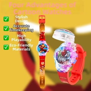 Detail of red Iron Man kids watch with digital display flip cover and character strap