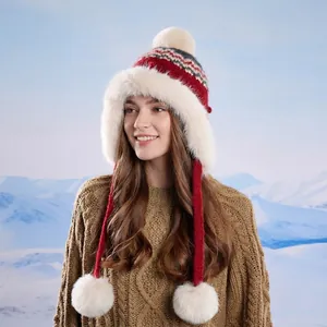 Women winter Fair Isle knit hat with white faux fur lining and earflaps for snow sports