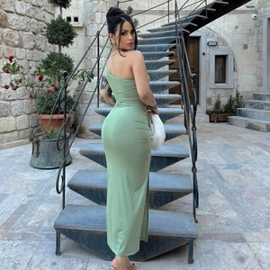 Slim-fit one-shoulder cutout sage green maxi dress with ruched slit details