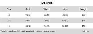 Detailed size chart for solid color one-shoulder dress with bust, waist, and hip info