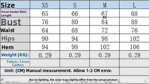 Size chart for summer puff hem mini dress showing bust waist and hip measurements in cm