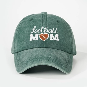 Front view of dark green washed cotton baseball cap with football MOM heart embroidery
