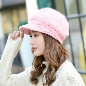 Pink winter knit rabbit fur beret with elegant pearl accents and short brim for women