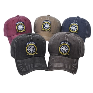 Five assorted colors of distressed cotton baseball caps with Marine embroidery