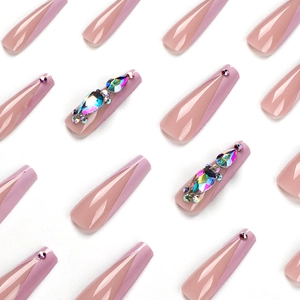 Long coffin press on nails in pink gradient with luxury AB crystal rhinestones