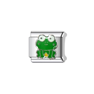 Edelstahl-Armbandelement mit grünem Emaille-Frosch und gelbem Herz für DIY-Armbänder