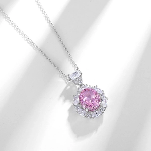 Elegant S925 silver necklace with oval pink gemstone pendant and floral diamond halo