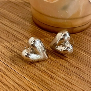 Heart Stud Earrings With 925 Sterling Silver Earring Post High Polish 3D Voluminous Minimalist Irregular Jewelry For Women