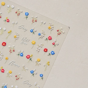 Vue macro montrant la texture 3D embossée de stickers ongles tulipes et fleurs sauvages