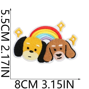 Detailed view of dachshund dogs and rainbow embroidery patch with size measurements