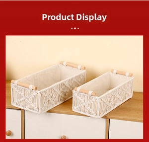 Detail of woven cotton rope storage baskets with fabric lining and wooden handles