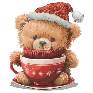 Autocollant mural de Noël avec ours en peluche dans une tasse à café rouge festive