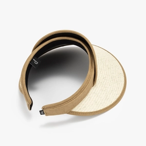 UPF50+ sun protection visor hat with khaki fabric headband and woven wide straw brim