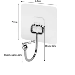 Large self-adhesive transparent wall hook with silver metal hook and 7.7x7.7cm base