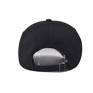 Detail of black cotton baseball cap back with adjustable metal slider buckle and strap