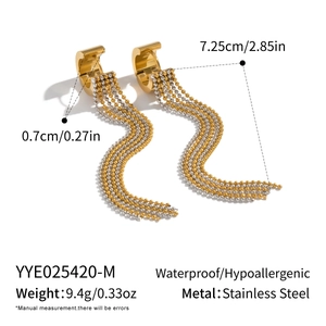 Detail view of waterproof hypoallergenic stainless steel gold bead tassel earrings