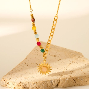 18K gold stainless steel sun pendant necklace with colorful beads on stone base