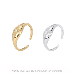 925 Sterling Silver Flower Adjustable Open Ring For Women Niche Sweet Minimalist Zirconia Inlaid Daisy Finger Ring Jewelry Gift
