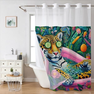 Waterproof double-layer shower curtain with leopard in bathtub and tropical plants pattern
